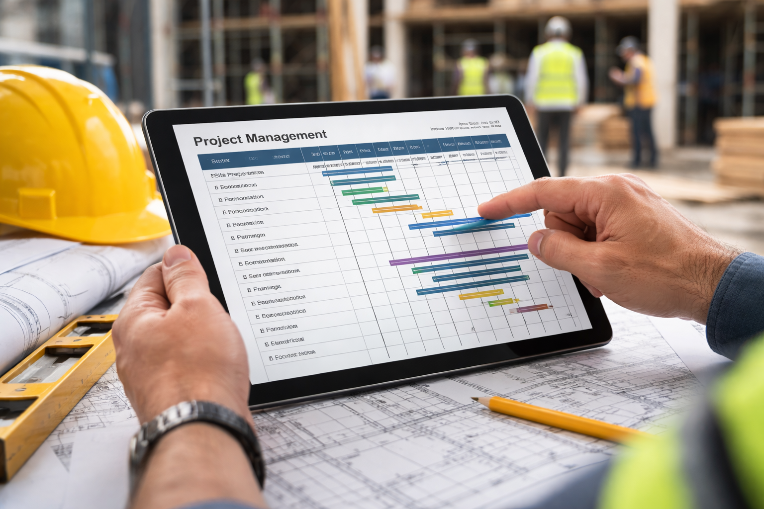 Construction project management with Gantt chart on tablet