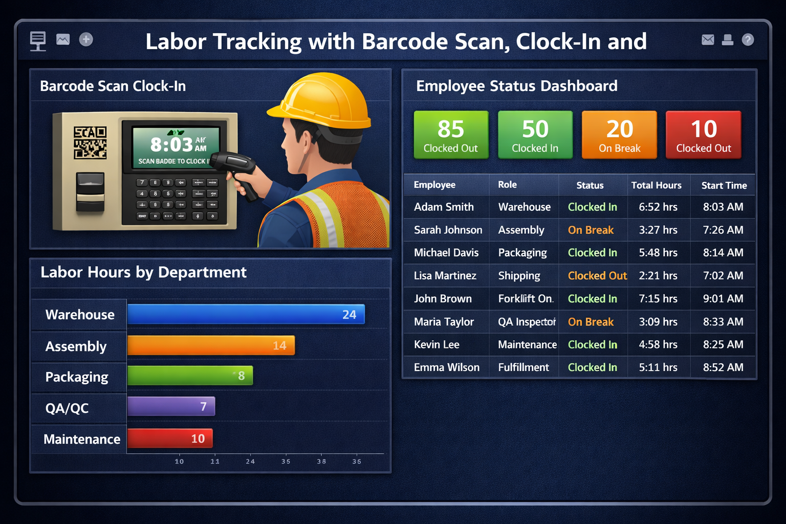 Labor tracking with barcode scan clock-in and employee status dashboard