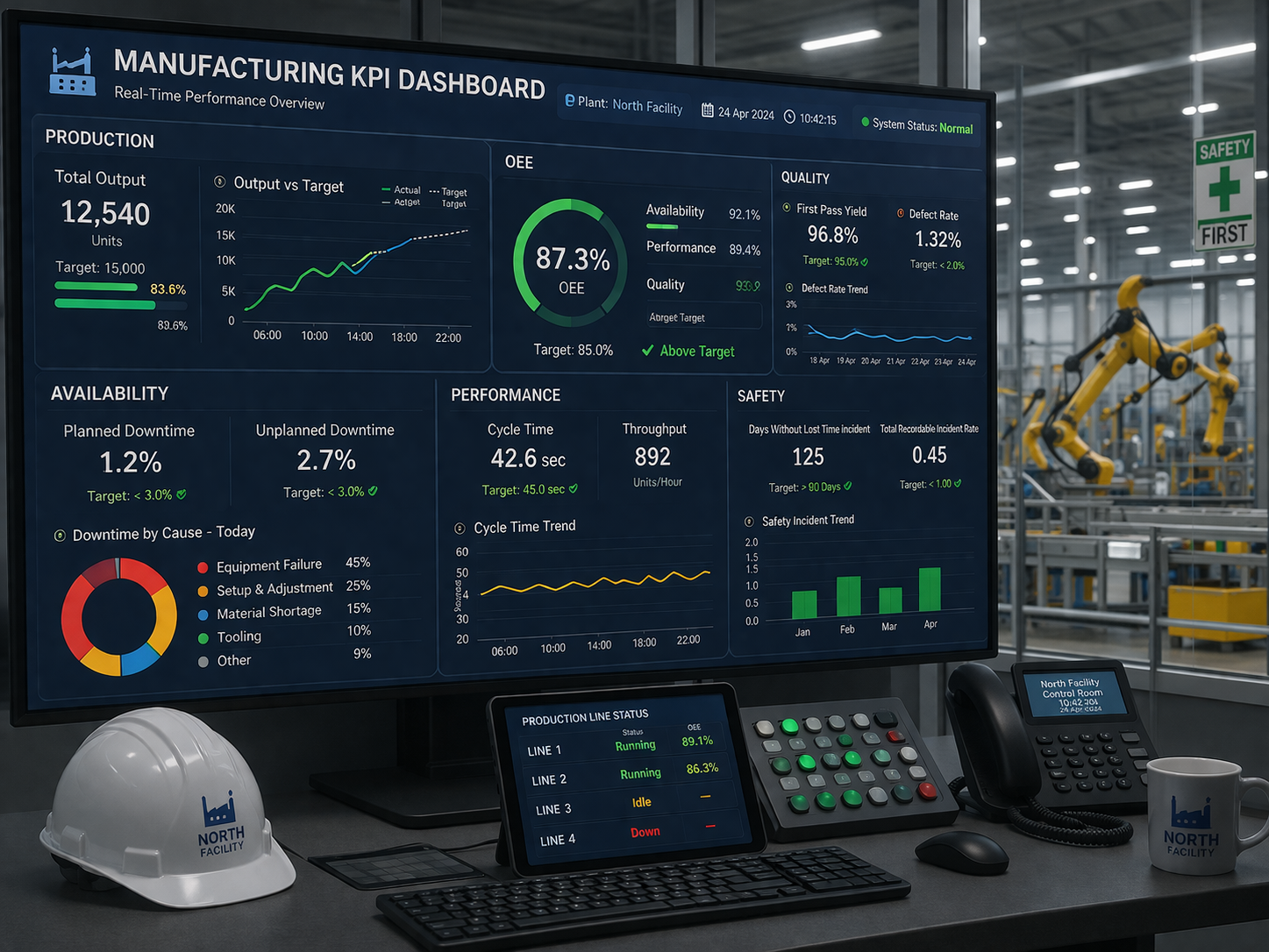 Manufacturing KPI dashboard in a factory control room