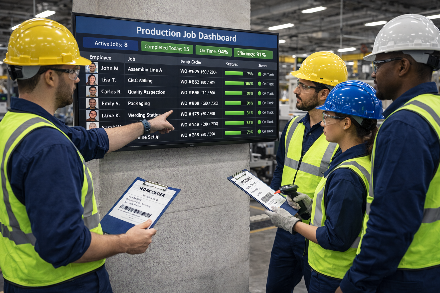 Manufacturing team reviewing production data together
