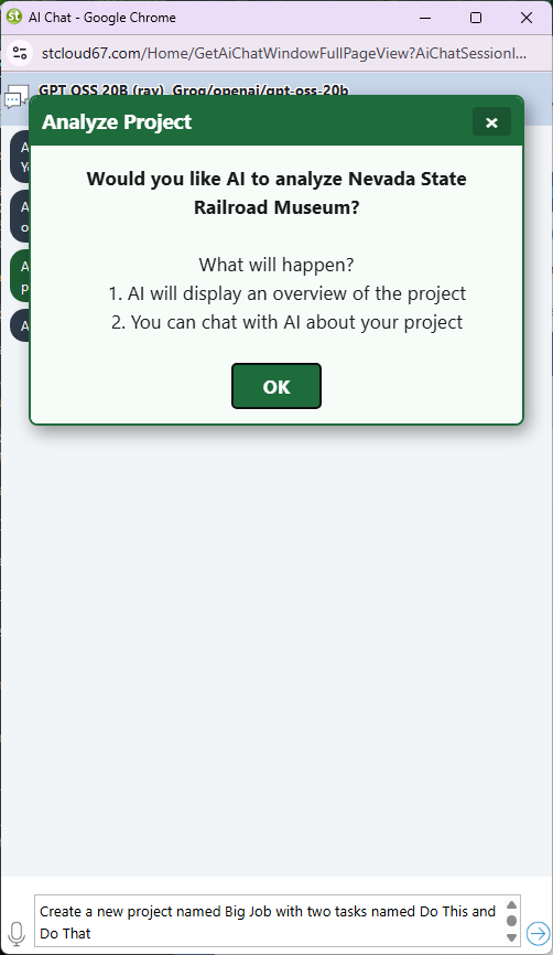 Standard Time AI chat confirmation popup asking if you want to analyze the selected project