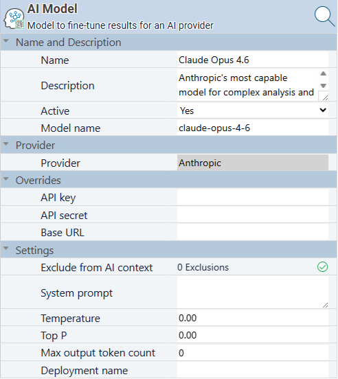 Standard Time AI Model properties dialog showing model name, system prompt, temperature, and exclusion flags