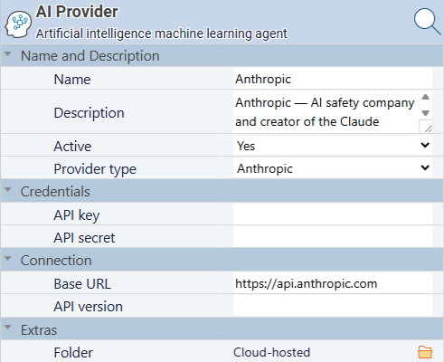 Standard Time AI Provider properties dialog showing provider type, base URL, and API key fields