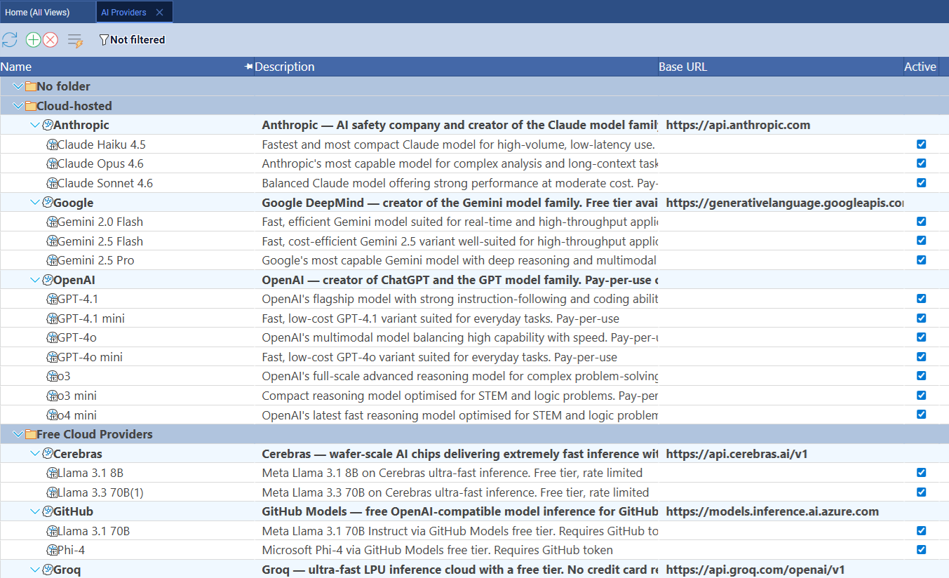 Standard Time AI Providers and Models admin screen showing the full tree of pre-configured providers including Anthropic, Google, OpenAI, Cerebras, and Groq with their descriptions and base URLs