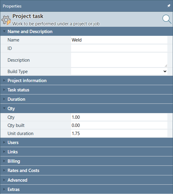 Project task Properties panel with the Qty group expanded, showing Qty, Qty built, and Unit duration fields