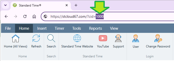 Browser address bar showing the Standard Time cloud URL with the cid parameter and its value highlighted