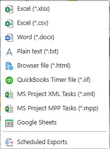 File menu open in Standard Time® with the Export option highlighted, showing format choices
