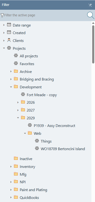 Filter panel on the left showing nested project folders