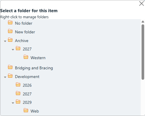 Properties panel on the right side of the screen showing the Folder field where you type to create or choose a folder for the selected project