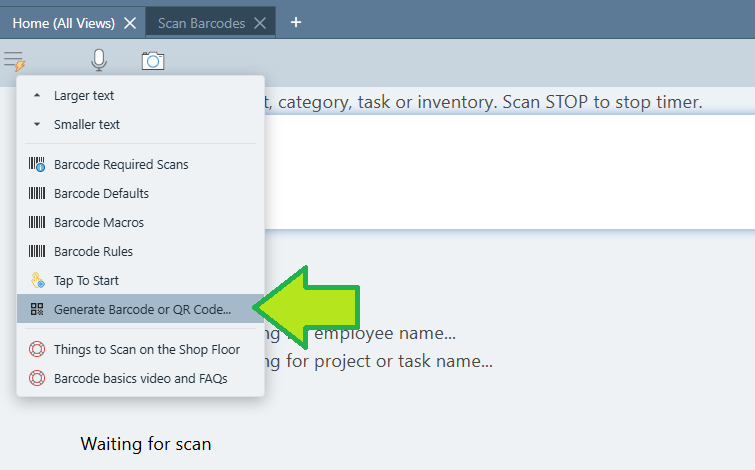 Scan Barcodes page with the top-left menu open; a green arrow points to the Generate Barcode or QR Code menu item