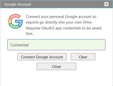 Standard Time Google Account connection dialog showing connection status and Connect Google Account button