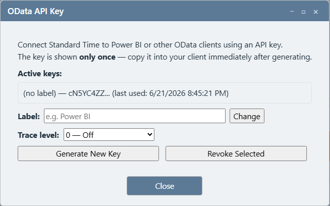 API key dialog showing the generated key with Generate and Revoke buttons