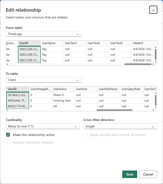 Power BI Edit Relationship dialog showing the column mapping between two tables