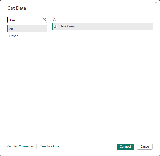Power BI Get Data menu with Blank Query highlighted