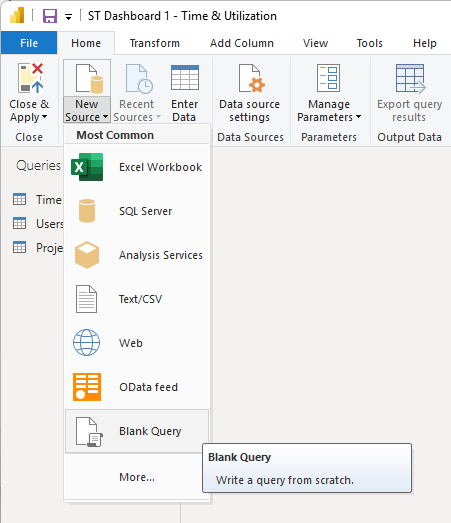 Power BI Home ribbon showing the New Source dropdown with Blank Query option
