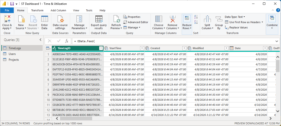 Power Query Editor showing multiple named queries with data loaded