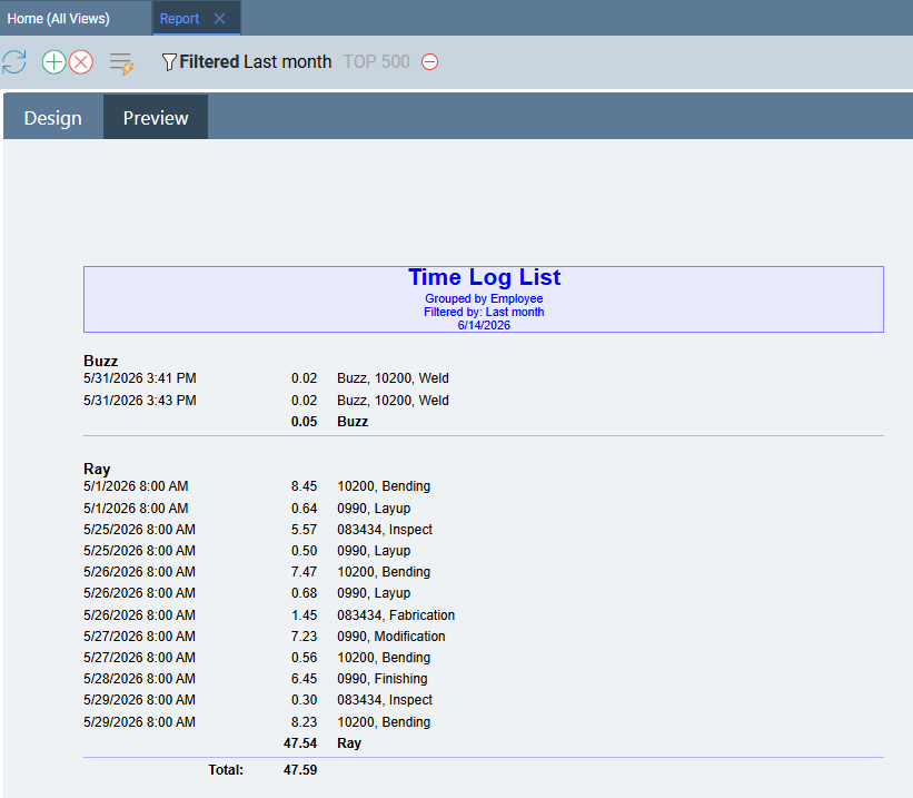 Legacy Reports results page in Standard Time® showing a pre-built report with fixed columns and a summary layout