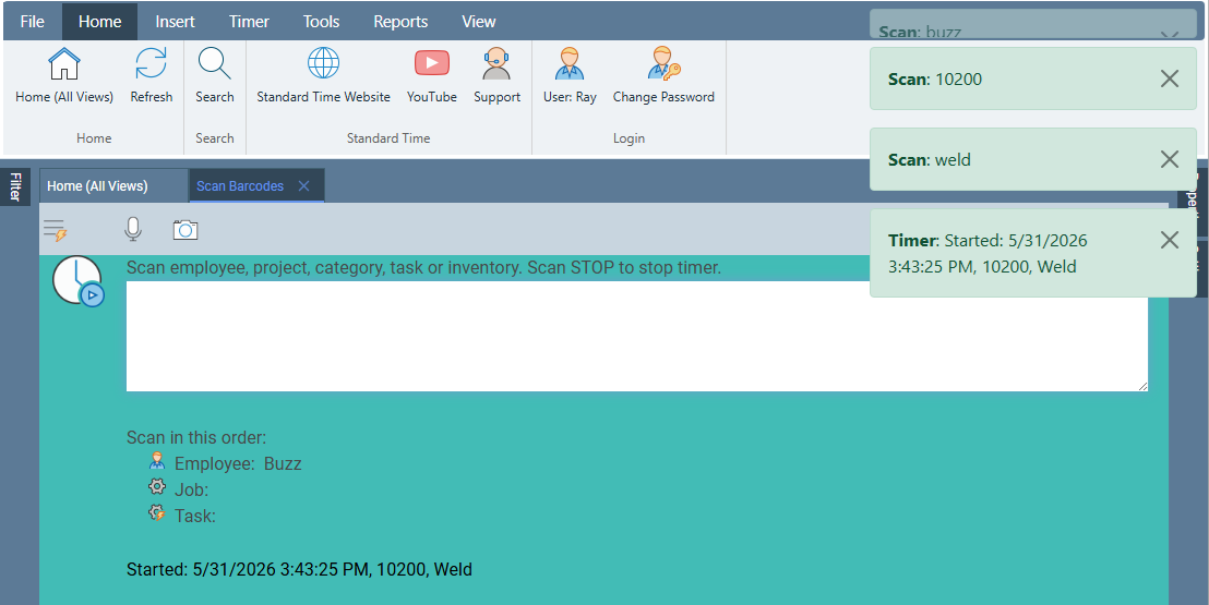 Scan Barcodes page showing active timer for a work order