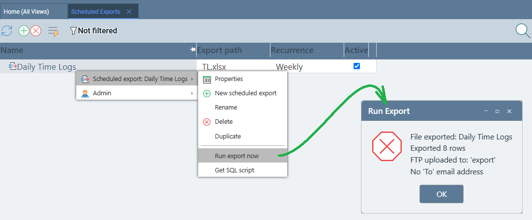 Right-click context menu showing Run export now, and the resulting popup message with export results