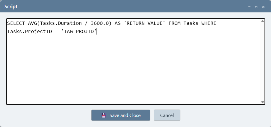 Script editing dialog showing a multi-line text area where SQL or other script code is entered