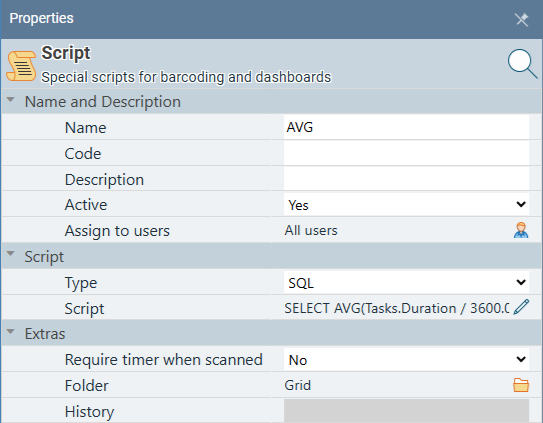 Scripts grid with the Properties panel open on the right, showing Name, Code, Type, Script, and other fields