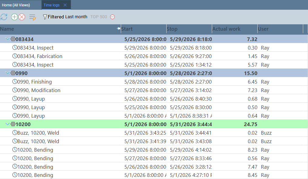 Time Logs grid showing entries filtered to last month — rows of time entries with date, user, project, and hours columns