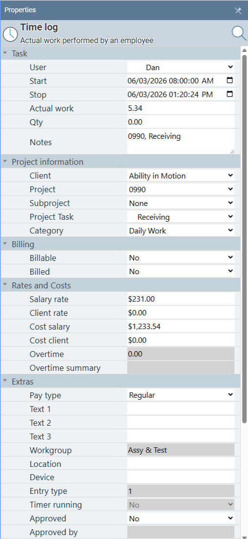 Standard Time Properties panel showing field names for a Time Log row, including Project, Task, Employee, Date, and Hours
