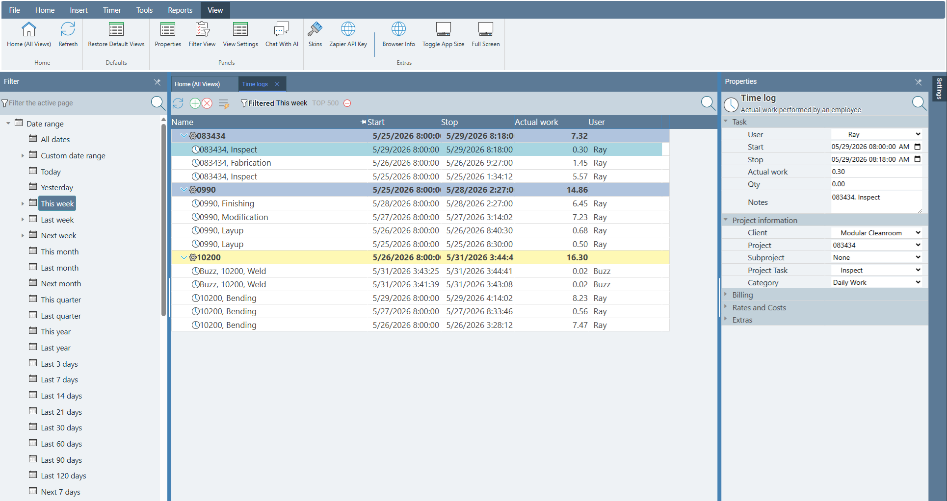 Standard Time® Time Logs page showing the three-panel view with Filter panel on the left, time log grid in the center, and Properties panel on the right