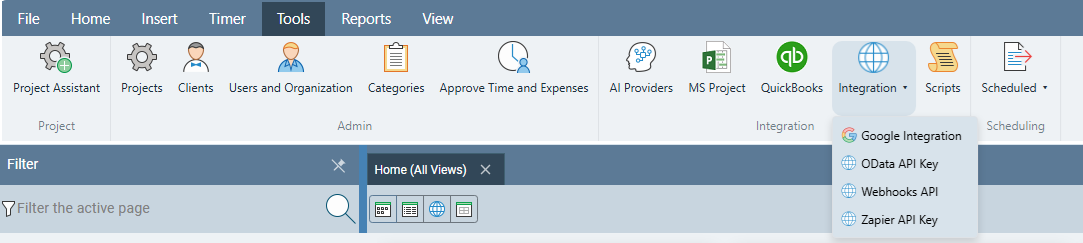 Standard Time Tools ribbon with the Integration dropdown open, showing Google Integration, OData API Key, Webhooks API, and Zapier API Key menu items