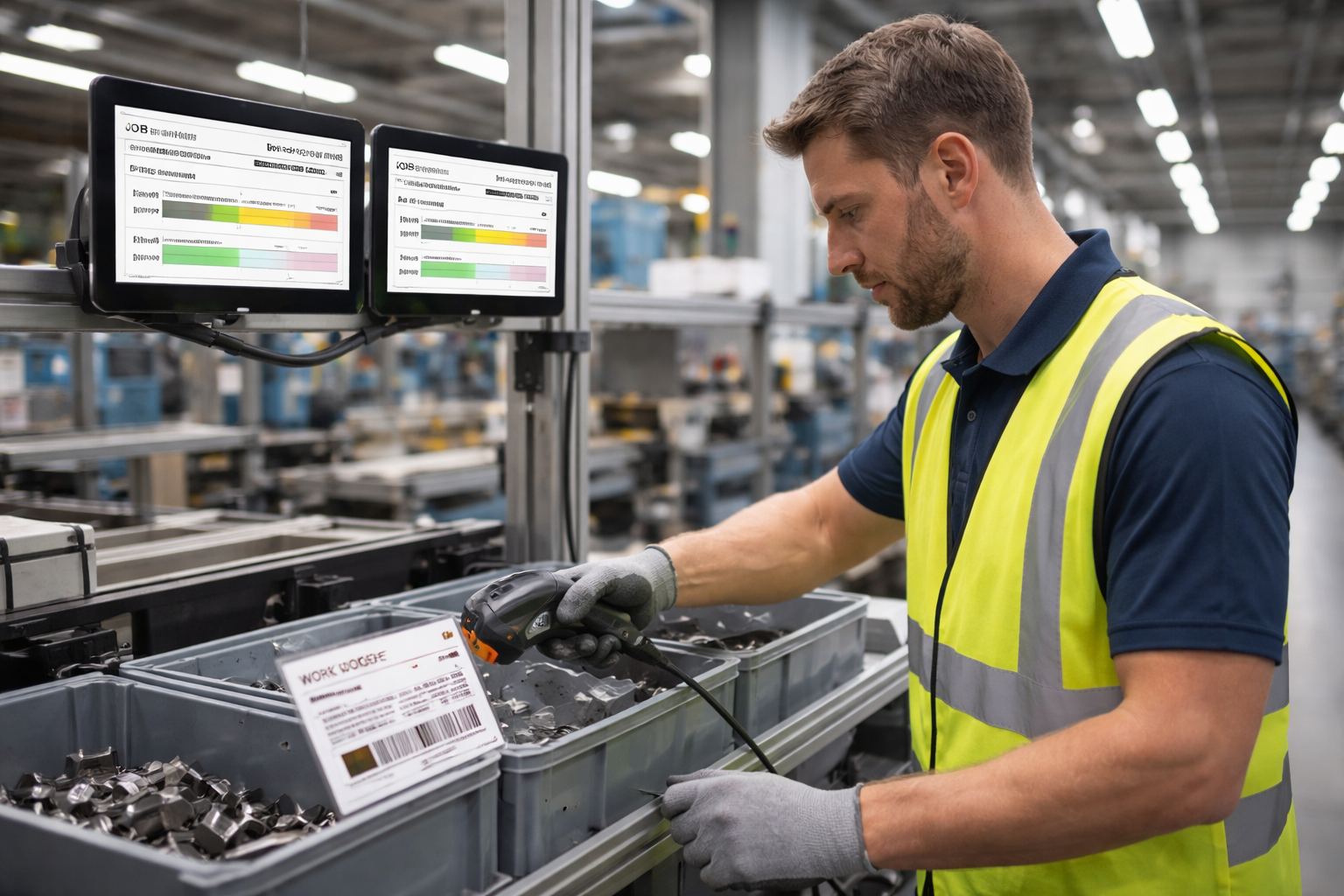Shop floor worker with a barcode scanner scanning a work order label on a manufacturing line, tablets mounted nearby showing job status