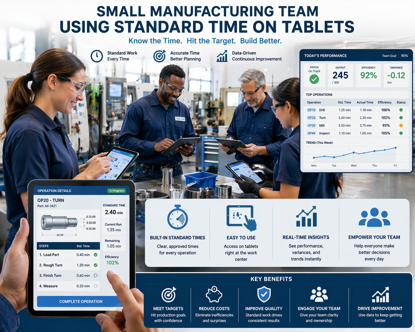 Small manufacturing team using Standard Time on tablets